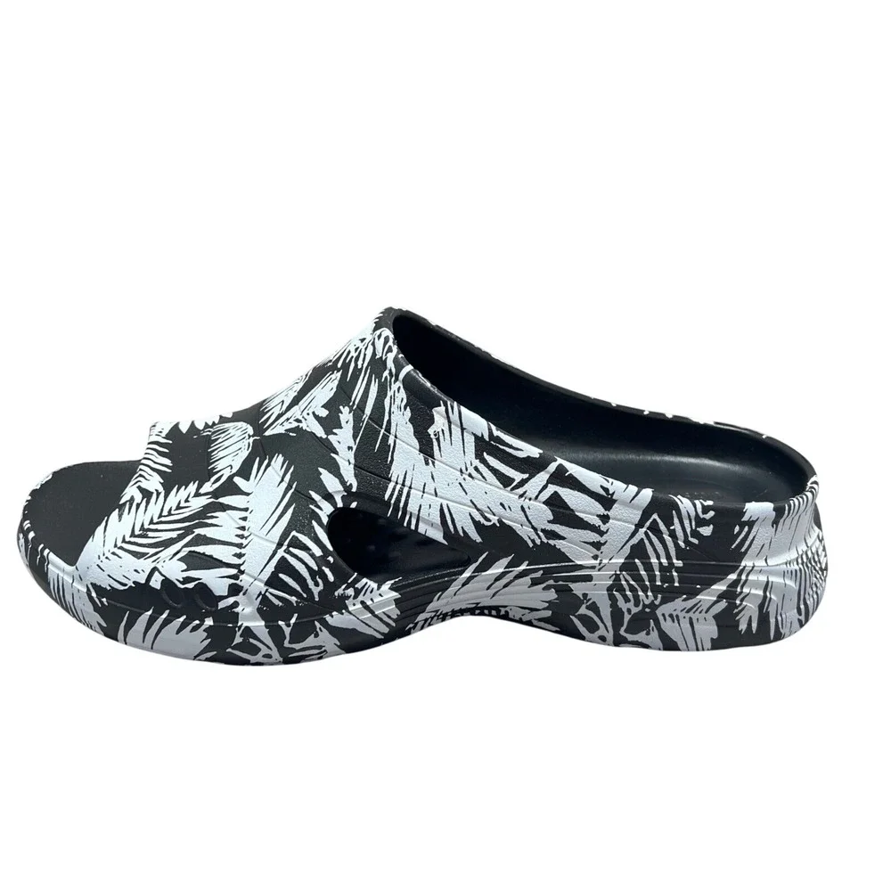 Easy‎ Spirit Tess Slides Comfort Sandals Black White Palm Print Tropical 8M